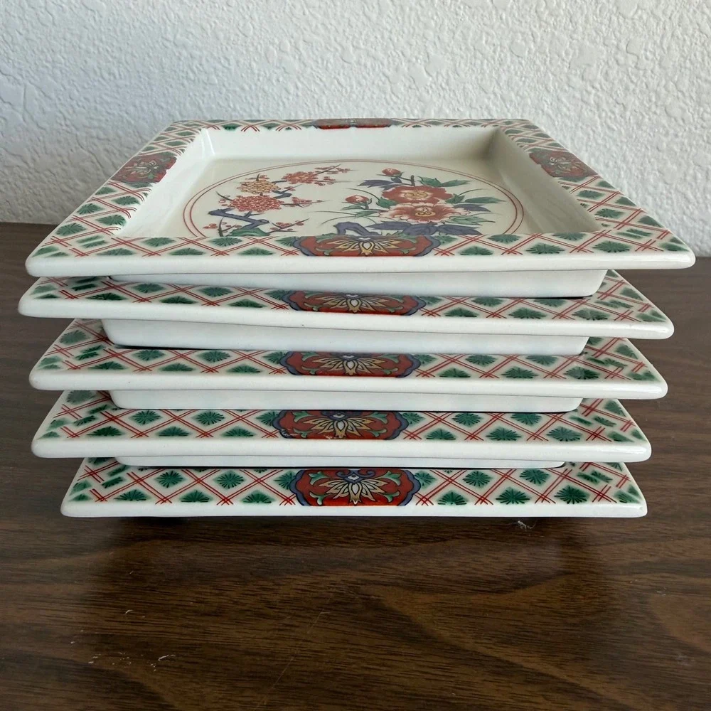 Vintage Imari Style Square Porcelain Appetizer Plates Set of 5 Floral Ceramic